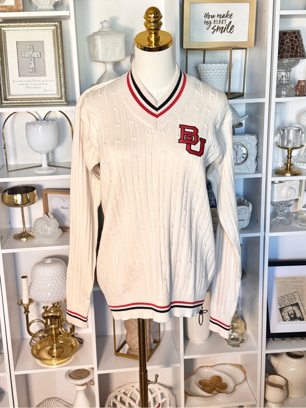 Boston University Cricket Cable-Knit V-Neck sweater